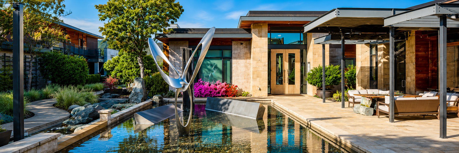 Bardessono Hotel & Spa luxury courtyard with reflecting pool in Yountville, Napa Vall